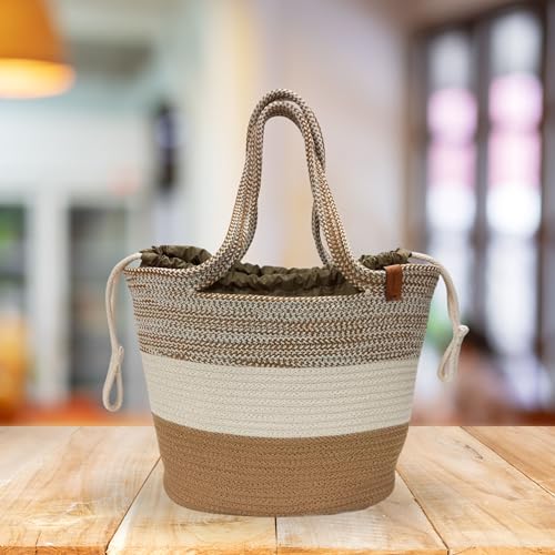 Image of SAPROSE Polypropylene Tote Tiffin Basket With Cover Carry Bag, Storage Basket, Picnic Basket, Lunch Bag, Tiffin Basket, Handbag for Lunch Box and Water Bottle, (29 x 18 x 28 cm) (Beige)