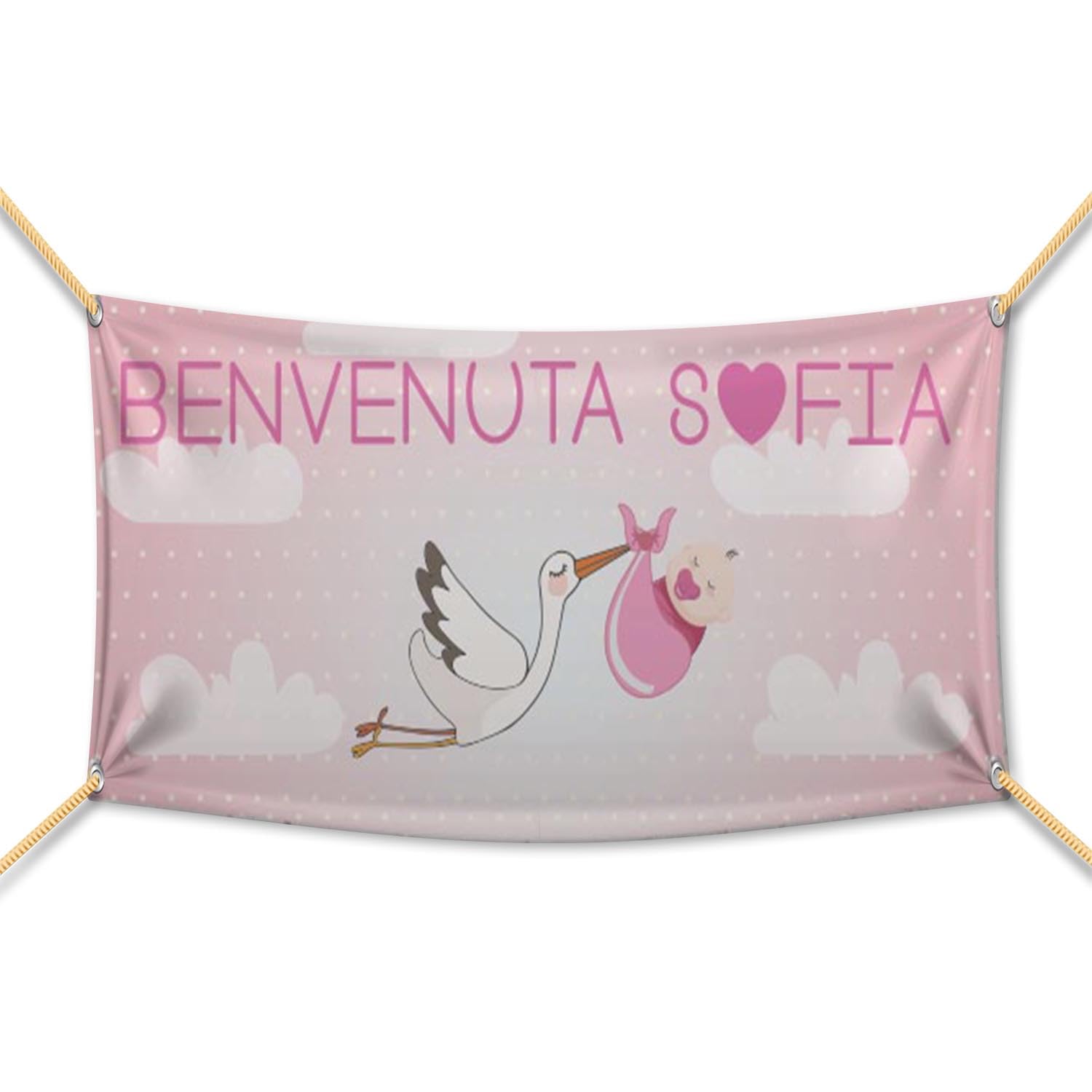BANNER STRISCIONE NASCITA PERSONALIZZATO CON NOME - BENVENUTA CICOGNA FEMMINUCCIA - BANNER IN POLIESTERE PERSONALIZZABILE CON NOME (MISURA 100X500 CM)