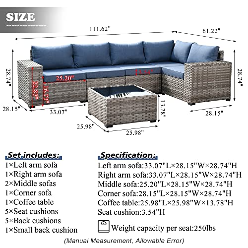 Patio Furniture Set Outdoor Sectional Sofa 6 Pcs Pe Rattan Wicker Couch Conversation Sets Wide Armrest With Coffee Table,Denim Blue #TOP2