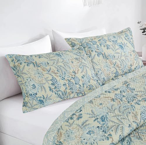 Image of Amazon Brand - Umi 100% Cotton Quilted /Ultrasonic 280 Tc Printed King Size Bed Cover /Bedsheet /Bedspread Comforter with 2 Pillow Shams /Cover, (Luxurious, 90 x100 inches, Blue & Beige)