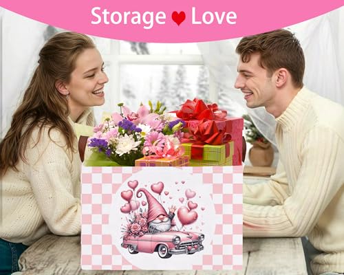 Image of Valentines Day Basket Large Foldable Heart Shaped Storage Box for Gifts Kids Empty Storage Bins Rectangular Toy Organizer Decor (Pink Gnome Car)