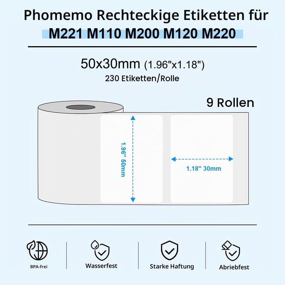 Phomemo 9 Rollen Selbstklebende Etiketten für M110/M220, 50x30mm, 2070 PCS | Phomemo Selbstklebende Thermodirekt Etiketten für Schule, Heim, Büro, Einzelhandel, für M110/M220/M221/M108/M250/M120, Weiß