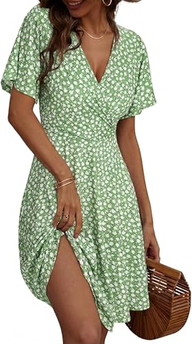 Zeagoo Robe Femme ete Elegant Décolleté en V Robe Manches Courtes à Volants Trapèze Robe avec Poches Fleurs Vertes L