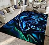 Marble Neon Blue Green Abstract Texture on Black Art Rugs Soft Non-Slip Indoor Outdoor Living Room B