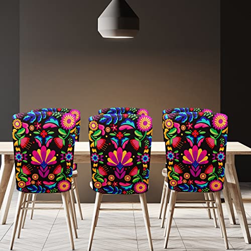 Set Of 6 Mexican Flowers Pattern Dining Chair Covers Farmhouse Mexican Floral Chair Slipcovers Colorful Linen Chair Back Cover Seat Protector For Home Restaurant Hotel Kitchen Party, 20 X 24 Inch #TOP1