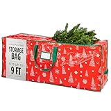 Christmas Tree Storage Bag - Stores 9 Foot Artificial Xmas Holiday Tree, Durable Waterproof Material, Zippered Bag, Carry Handles - Protects Against Dust, Insects and Moisture (Red Printed)