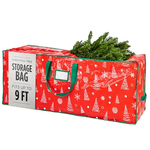 Christmas Tree Storage Bag - Stores 9 Foot Artificial Xmas Holiday Tree, Durable Waterproof Material, Zippered Bag, Carry Handles - Protects Against Dust, Insects and Moisture (Red Printed)