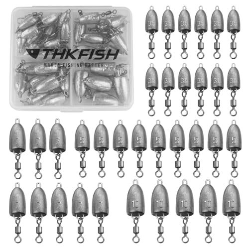 THKFISH Fishing Weights Sinkers, Bullet Fishing Sinkers with Swivel Rolling Slip Sinkers Sliding Weights for Bass Fishing Pitching and Flipping Texas Rigs Saltwater Freshwater Fishing, 3.5g-20g