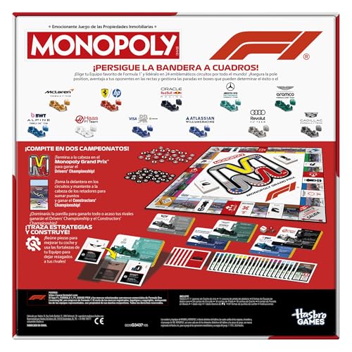 Juego de Mesa Monopoly edición F1 | Juego Formula 1 Oficial | Juegos Familiares para niños, Adolescentes y Adultos | De 2 a 6 Jugadores | 45 Minutos | Edad: 8+ - Versión en español