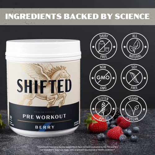 Shifted Premium Pre Workout Powder - Caffeinated Powdered Drink Mix With Creatine, L-Citrulline, Taurine, & L-Tyrosine - All-In-One Energy Drink Mix For Power, Endurance & Focus - (Berry) #TOP4