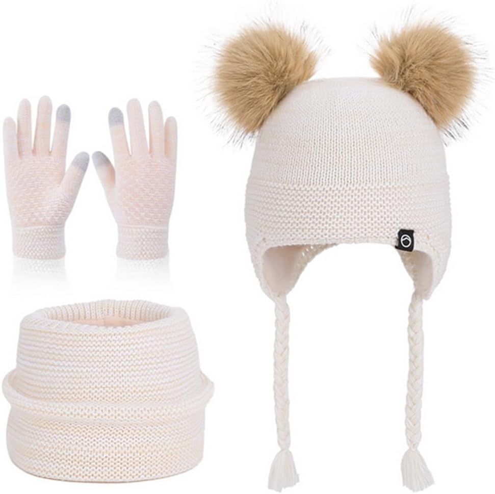 Kids Lovely 3-Piece Winter Knitted Beanie hat Scarf Gloves Set Pom-pom Trapper Ski Hat for Boys Girls 4-12 Years Old