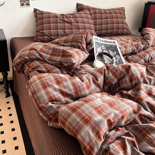 Image of PinkMemory Caramel Blue Gingham Duvet Cover Queen 100% Washed Cotton Buffalo Plaid Bedding Set 3pcs Grid Checkered Duvet Cover Set Full with Zipper Closure Ultra Soft Breathable