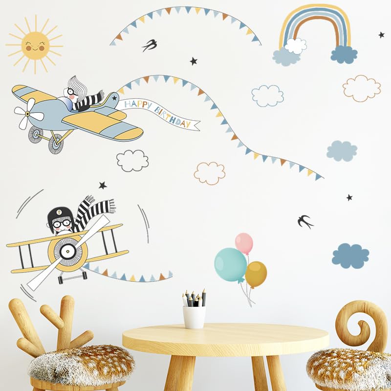 Image of Adorable Flying Airplane Bunny Rabbit Nursery Mural Wallpaper with Sun, Rainbow, Balloons, Happy Birthday Garland and Clouds Background Children's Bedroom, Playroom D�cor