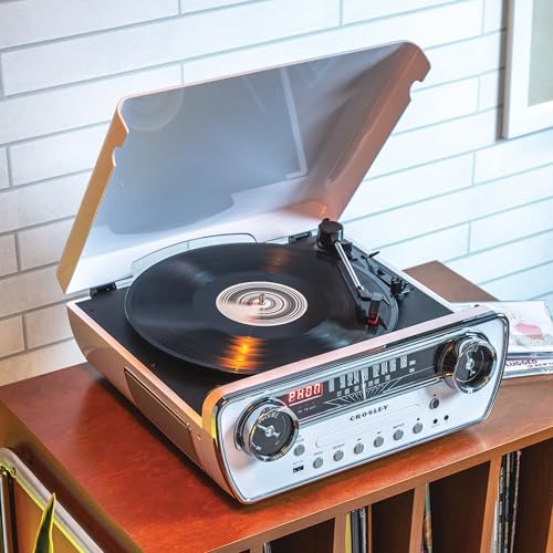 Image of Crosley CR6047A-WH Powel 7-in-1 Bluetooth in /Out Vinyl Record Player with AM /FM Radio, CD Player, and Aux-in, White