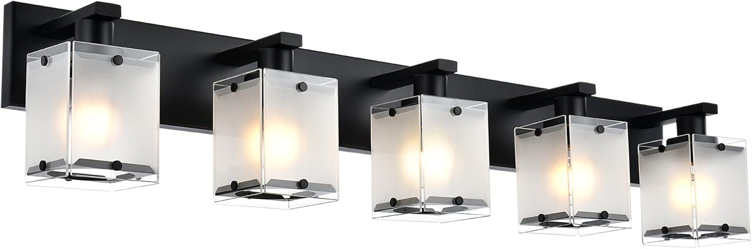 5-Lights Bathroom Light Fixtures, Matte Black Modern Vanity Lights with Rectangular Frosted Glass for Over Mirror Dressing Table, E26 Bulb Base