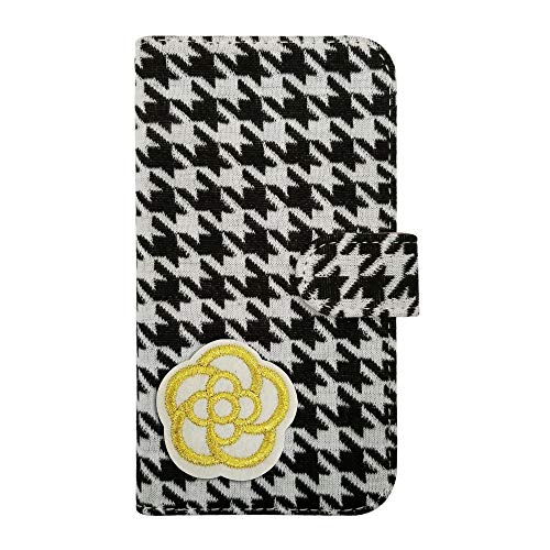 sslink iPhone17 Air アイフォン17エア 対応 手帳型 ケース カメリア(ホワイト×ゴールド) デコ かわいい おしゃれ ワッペン 刺繍 キラキラ (千鳥01) チェック柄 千鳥柄 ファブリック 布 生地 PUレザー 合皮 ダイアリータイ