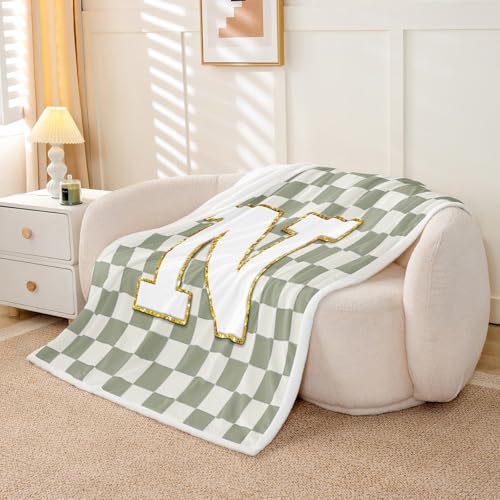 Image of Erosebridal Sage Green Checkered Fleece Blanket Twin 60 inchx80 inch Plaid Initial N Sherpa Blanket Personalized Monogram Fuzzy Plush Throw for Kids Boys Girls,Fashion Grids Gingham Decor for Bed Couch
