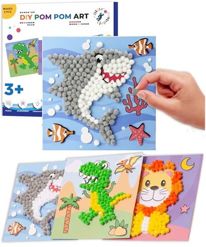 Little Jupiter DIY Pom Pom Art - Makes 3 Art Pieces -Boy & Girl Crafts for Kids Age 3-5 - Toddler Crafts - Pom Pom Arts and Crafts - Art Projects for Kids - (Set 1 -Lion Shark Dinosaur)