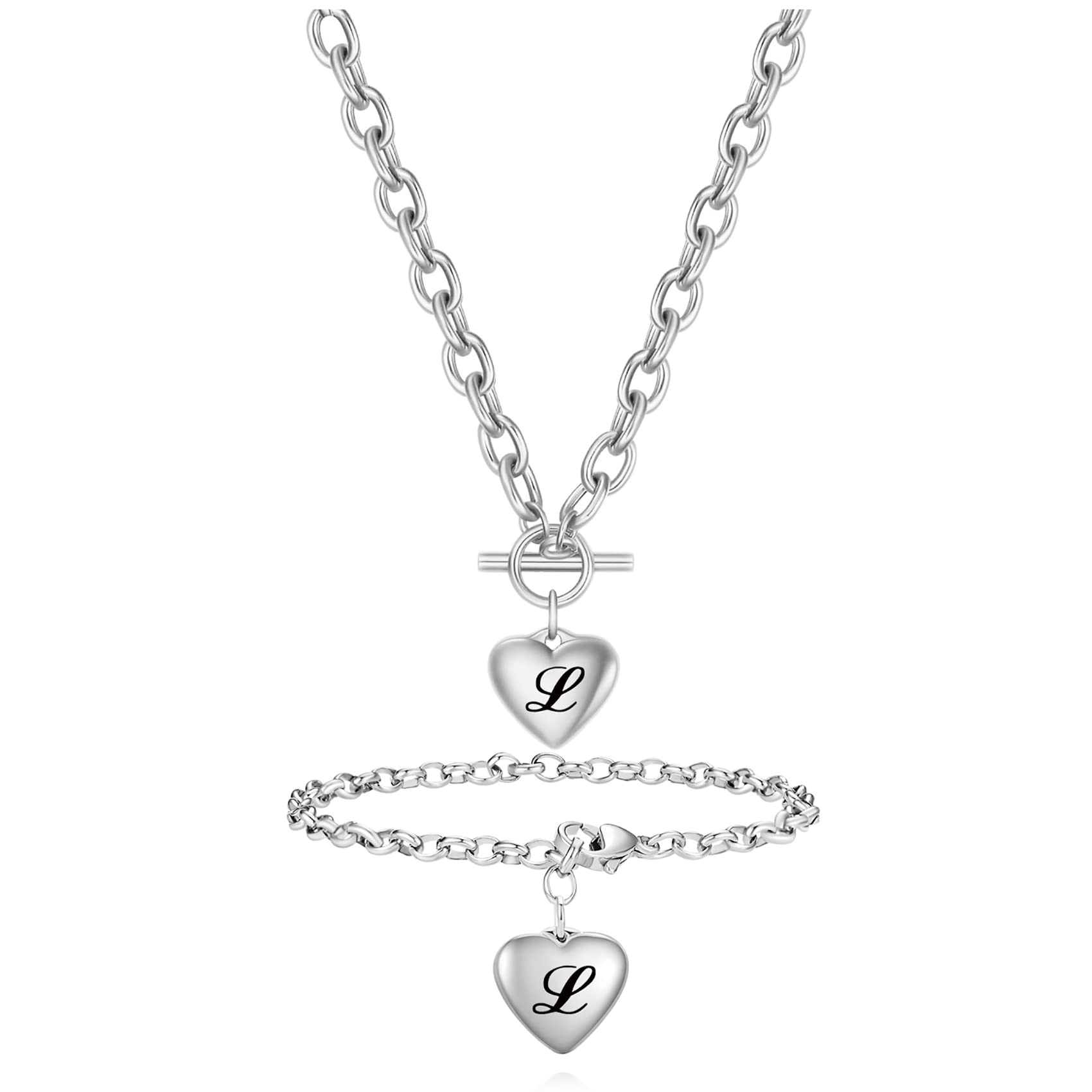 VQYSKOSilver Heart Initials Necklace Bracelet Sets-A-Z Stainless Steel Engraved Charm Bracelet, Woman Girl Jewelry Birthday Festival Gift