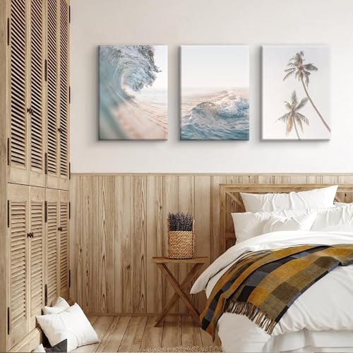 HDXUFJQ Beach Waves Canvas Wall Art Light Blue Palm Tree Picture Wall Decor Sea Wave Seawater Ocean Wave Art Prints Coastal Coconut Trees Neutral Blue Sea Seascape Wall Decor(12"x16") by HDXUFJQ - Used condition - Image 3