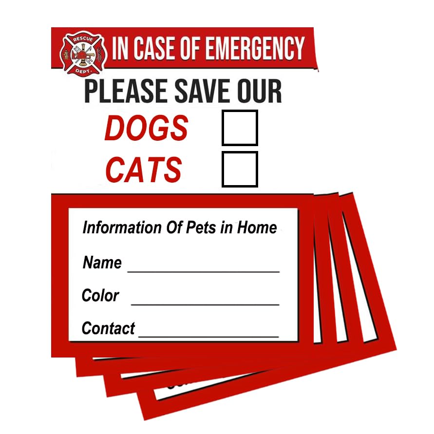 Image of Emergency Pet Rescue Sticker - Fire Safety Window Decal for Dog & Cat - Alerts Firefighters - Durable Weatherproof Vinyl - 4Packs