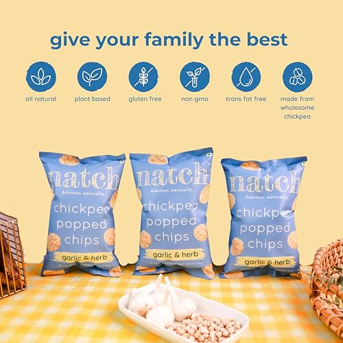 Image of Natch Chickpea Popped Protein Chips Variety Pack, Healthy Snacks, Low Calorie, Not Fried Not Baked, Vegan, Gluten Free, Rich in Fiber, Barbecue, Garlic & Herb Flavour, 55gm each (Pack of 6)