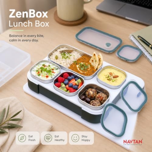 Image of ZenBox Stainless Steel Bento Lunch Box, Leak-Resistant Tiffin Box, BPA-Free Food Container for Office, School and Everyday Use (Green, 5 Compartment)