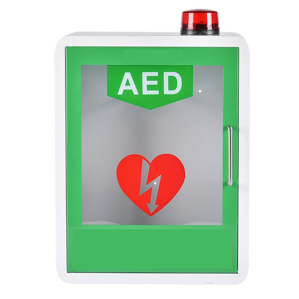 FAcoLL AED Defibrillator Storage Cabinet, Wall-mounted Cardiac First Aid Defibrillation Alarm Box, with Alarm System and Magnetic Access Control, 1.2mm Steel Plate Material green