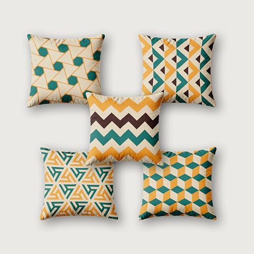 Image of Ultimate Trends Digital Printed Soft Cotton Feel Polyester Decorative Cushion Cover, Modern Eligent Designs, Heavy Long Life Fabric,18 inch X 18 inch Set of 5,Yellow Teal