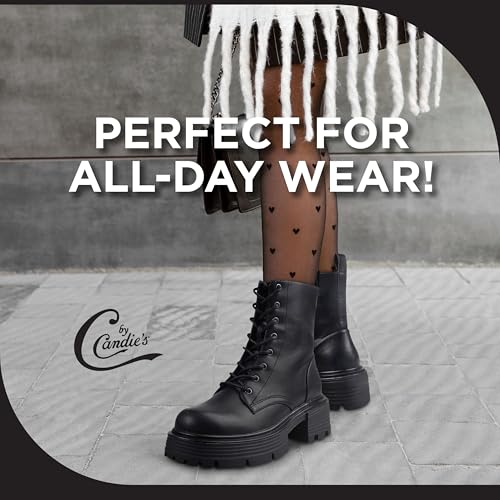 CANDIE'S Regine Lace Up Combat Boots for Women, Mid-Calf Lace Up Boots, Platform Lug Sole Heeled Boots with Side Zip, Chunky Heel Black Boots4