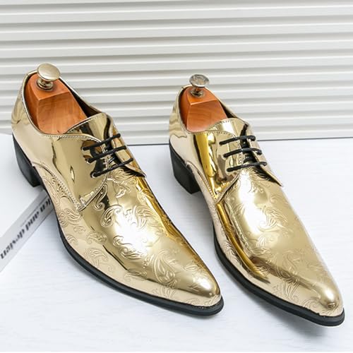 Men's Printing Pointed-Toe Patent Leather Derby Oxford Shoes,Classic Lace-up Low Top Block High Heel Fashion Slip on Prom Business Wedding Dress Shoes2