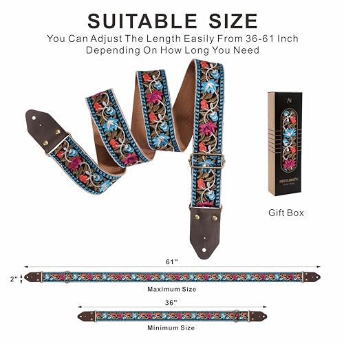 Image of Nefelibata Guitar Strap,Jacquard Embroidery Cotton Guitar Straps with Crazy Horse Leather Ends for Bass, Electric & Acoustic, Best Gifts for Guitarists(Elegant Blue Flower Embroidery)