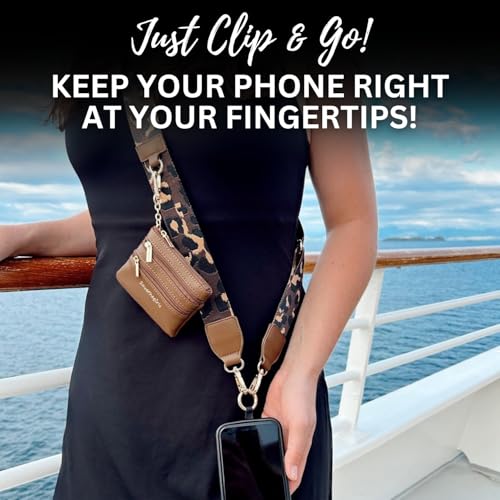 Image of Save the Girls Original Clip and Go Phone Strap (Leopard Brown /Gold - Brown Pouch) - Crossbody Phone Strap Chain with Zipper Wallet - Phone Lanyard with Zippered Pouch