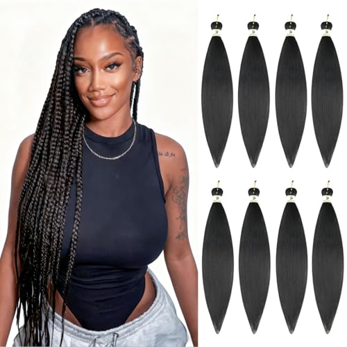 Braiding Hair Pre Stretched, 24inch 8 Pack Black Pre Stretched Braiding Hair for Women, Yaki...