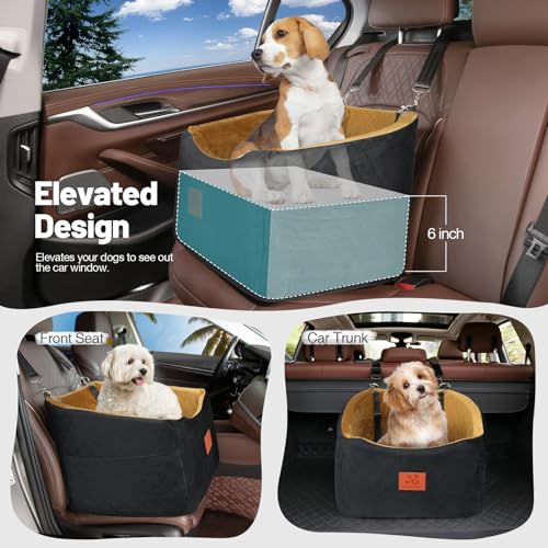 HEGGOOE Hunde Autositz für Kleine/Mittlere Hunde, Memory-Schaum Erhöhter Hundesitz Auto, Abnehmbar & Waschbarer Hundebett Auto mit Aufbewahrungstaschen und Sicherheitsleinen