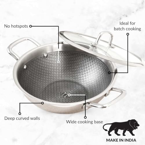 Image of Nestasia Triply Stainless Steel Honeycomb Kadai with Glass Lid 26 cm (3.5L) - Non Stick Kadhai with Air Vent Lid for Healthy Cooking | Induction & Gas Stove Friendly, Even Heating, Less Oil Use