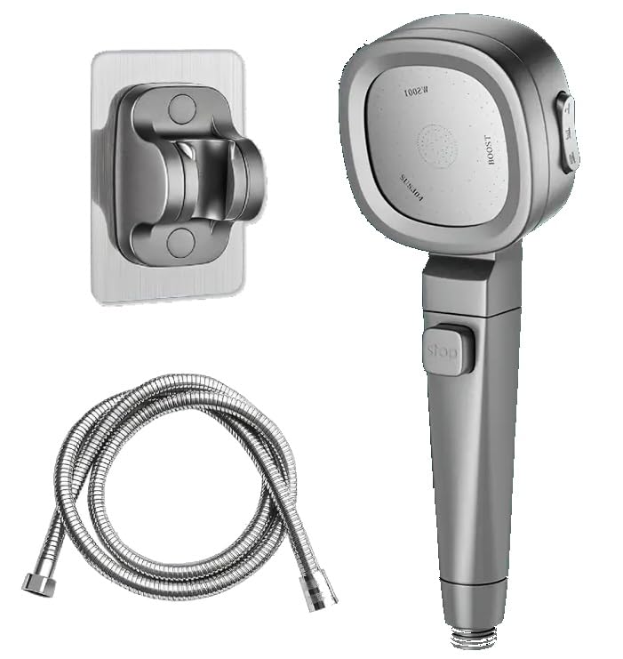 FLYNGO 3 Gear Spray Handheld Shower Head For Bathroom, High Pressure Shower Head with Filter, 1.5 Meter Flexible Tube and Wall Hook – Grey (Grey)