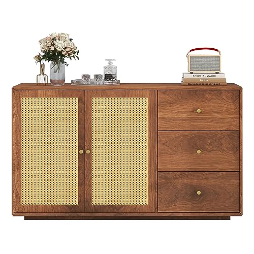 Azkoeesy Credenza in rattan, 130 x 40 x 76 cm, cassettiera con 3 cassetti e 2 ante in rattan, per camera da letto, soggiorno, ufficio, colore marrone vintage