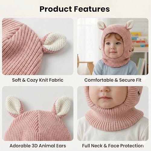 Image of Kraptick Winter Warm Ear Protection Knitted Woolen Unisex Baby Cap with Cute Animal Ears, Soft Fleece Lined Knit Hat with Ear Flaps, Stretchable Monkey Cap for Cold Weather -1