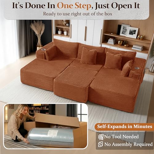 Image of 108 inch Cloud Sectional Couch, Comfort Sleep Sofa for Living Room, Extra Deep Seats No Assembly, Minimalist Modular Couch, Corduroy (Deep Orange, Widen Loveseat Chaise)