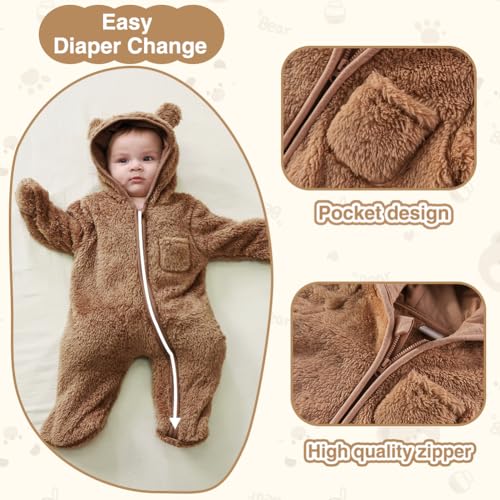 XIFAMNIY Newborn Baby Winter Snowsuit - Bear Outfit Fleece Warm Jumpsuit Romper Hooded Clothes for Infant Girls Boys 5