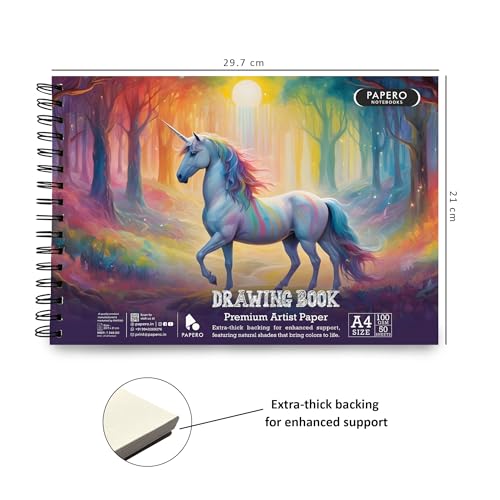 Image of PaperO A4 Sketch Book for Drawing | 100 GSM Thick Paper | 100 Pages(50 Sheets) | Spiral Wire-O Bound | Art Sketching for Artists, Kids & Adults | Unicorn Cover Design