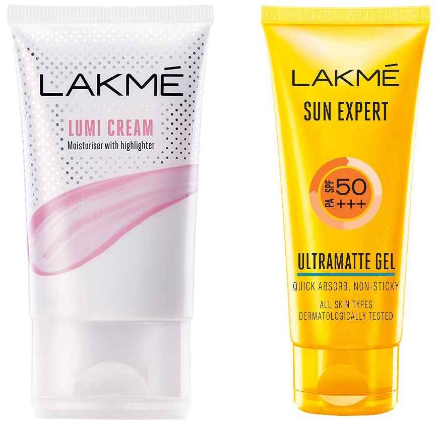 Image of Lakme Sun Expert SPF 50 Gel, 100 g & Lakme Lumi Cream,Moisturizer with highlighter, Enriched with Niacinamide for all skin type,30 gm