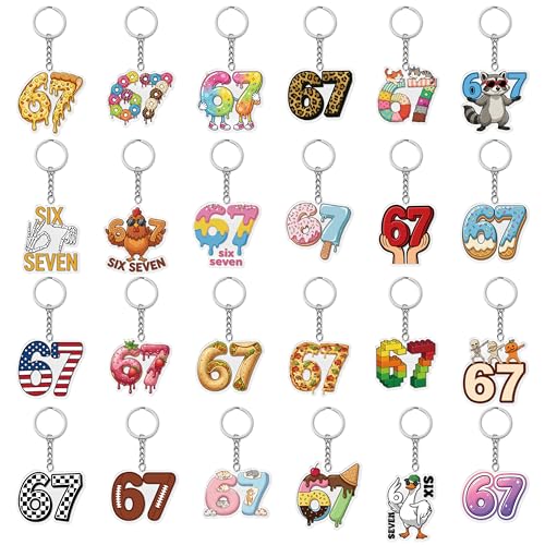 5wsech Six Seven Funny Keychains - 24Pcs Funny Meme 6 7 Ice Cream Drip Acrylic Keyring Accessories for Kids Teens, Cartoon Style Pendant Key Chains Gift Bulk for Keys Backpack Back to School Birthday