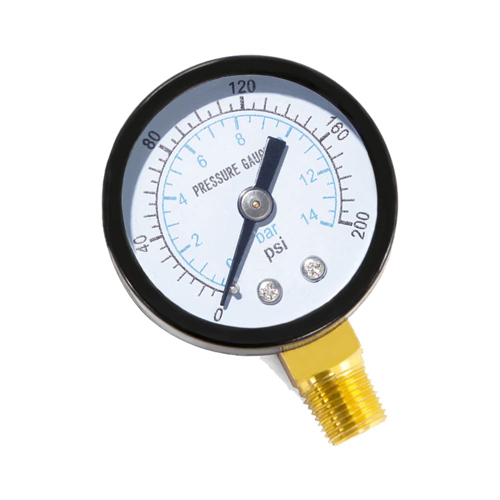 Qolekog 1/4 NPT 200 Psi Steel Pressure Gauge - 2 Inch Dial, Brass Internals, Bottom Mount, For Air, Water, Hydraulic Systems