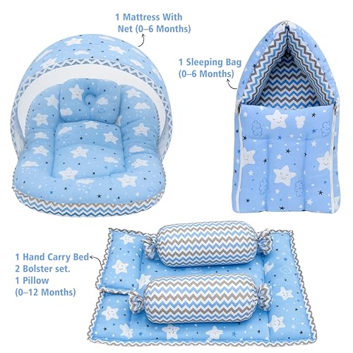 Image of Fareto Combo of Baby Bed with Net | Carry Bag | 4 Pcs Bedding Set (0-6 Months, Baby Size, Cotton) (Cloud Blue)