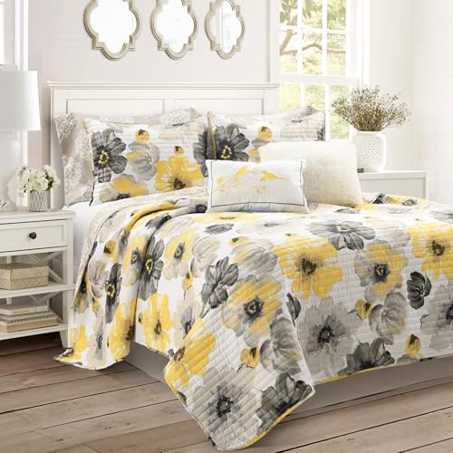 Image of Lush Decor Leah Reversible Floral Quilt Set, 8 Piece Set, Full / Queen, Yellow & Gray - Charming Floral Bedding Set With Pillow Cases, Decorative Throw Pillows & Bed Skirt- Large Watercolor Flowers
