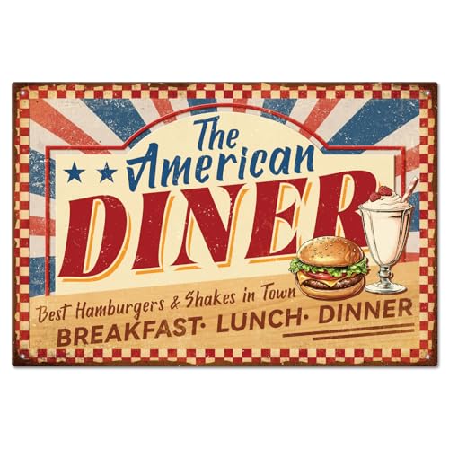 GLOBLELAND Plaque en Métal Style Diner Américain de 8x12 pouce Vintage Hamburgers et Milkshakes Plaque D'Art Décorative pour Mur de Maison Cuisine Salon...