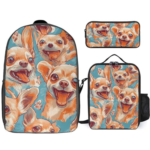 Happy Chihuahua Dogs Classic Backpack Lunch Bag Pencil Case 3 Piece Set Travel Daypack
