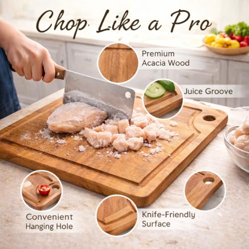 Tabla de Cortar de Madera Premium de Acacia, 40,6 x 30,5 x 1,5 cm – Tabla Reversible para Cocina con Ranura para Jugos, Ideal para Carnes, Verduras, Frutas y Pan miniatura 7